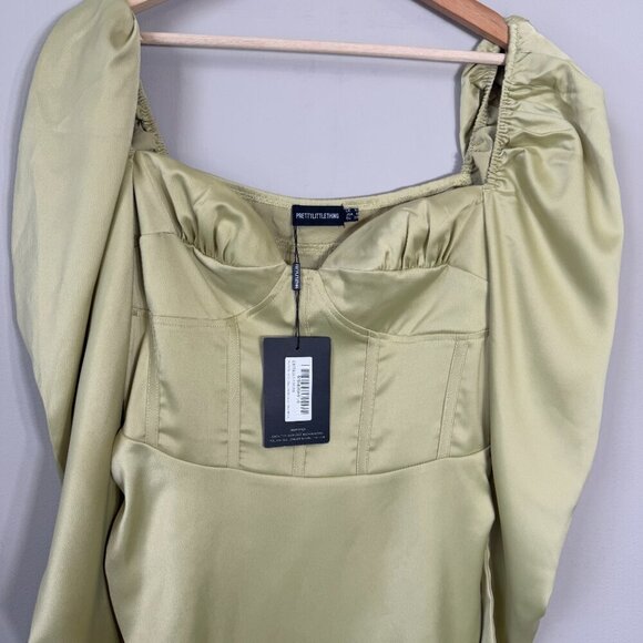 NWT PrettyLittleThing Puff Sleeve Corset Bodycon Mini Dress Womens 6 Olive Green - Picture 6 of 15